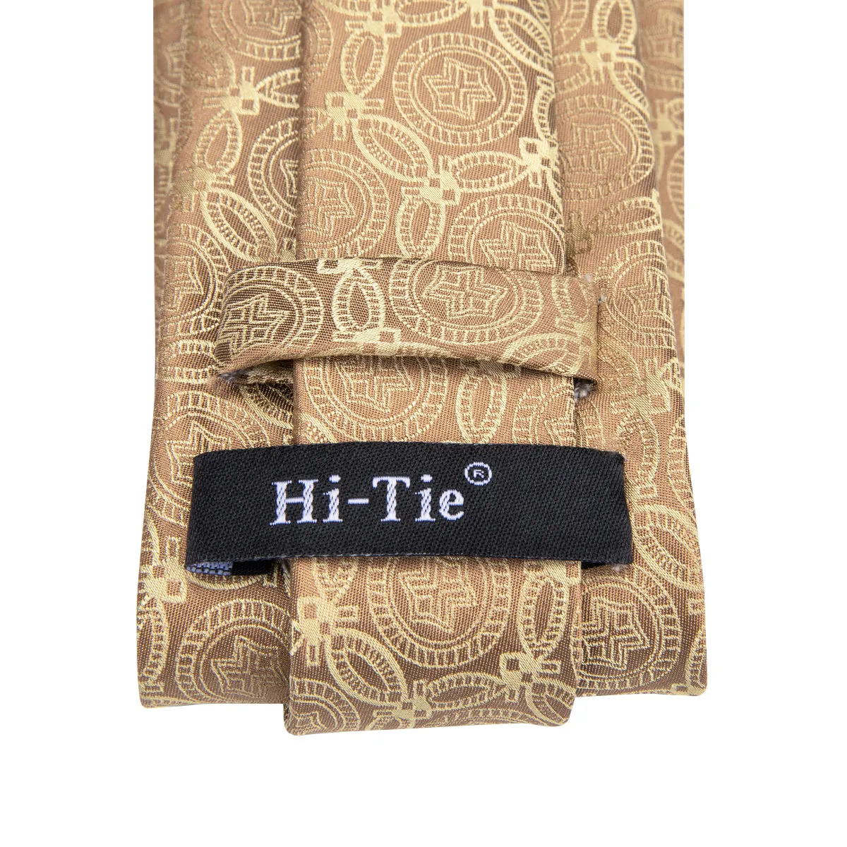 Hi-Tie Men's Tan Yellow Floral Novelty Tie Pocket Square Cufflinks Set