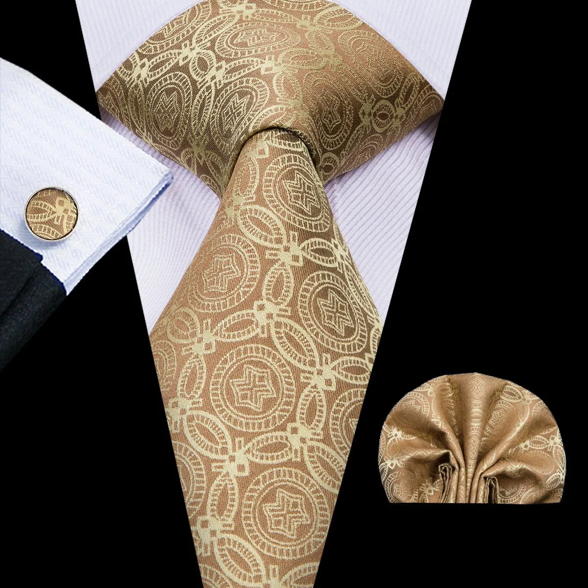 Hi-Tie Men's Tan Yellow Floral Novelty Tie Pocket Square Cufflinks Set