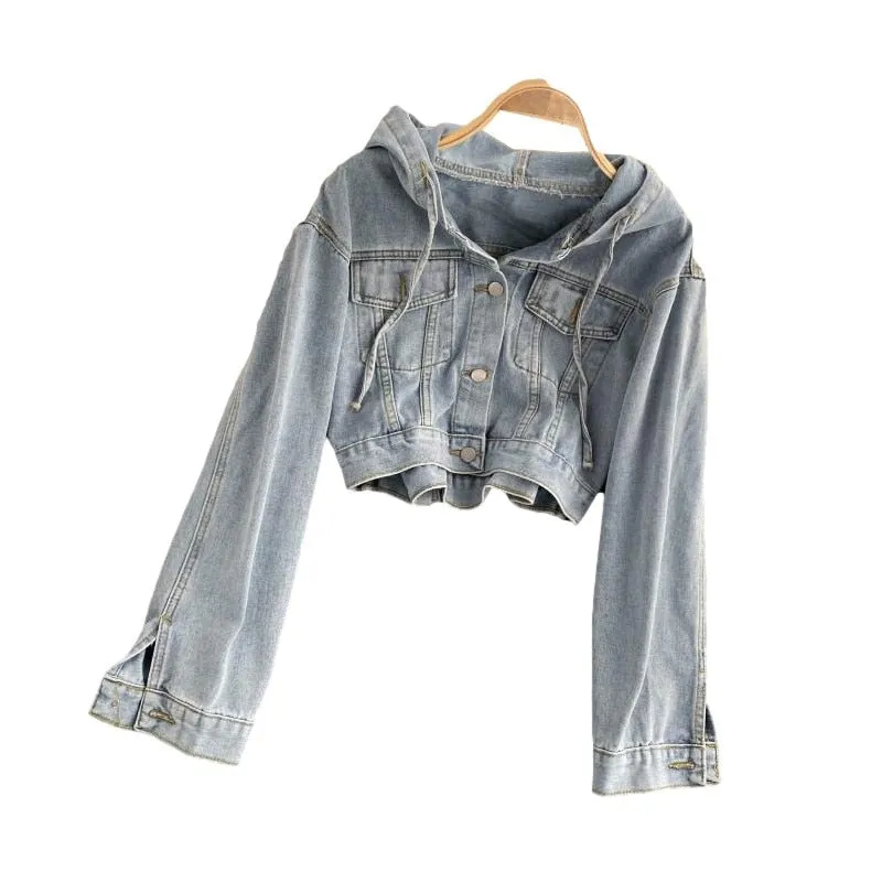 Hooded Denim Jacket Women Single Breasted Solid Short Vintage Overcoat