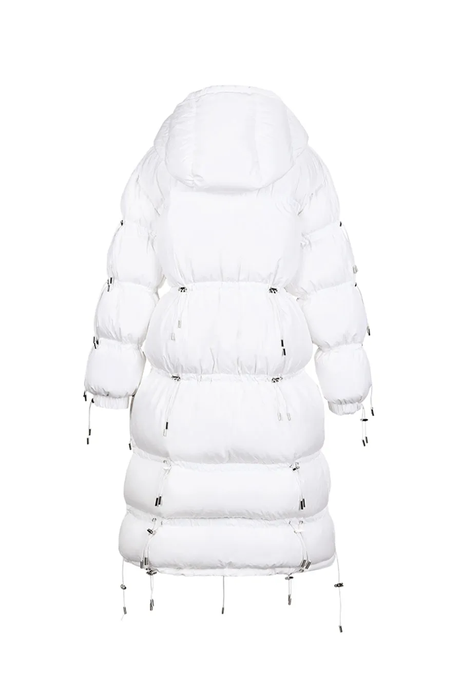 Hooded white duck down over the knee down jacket