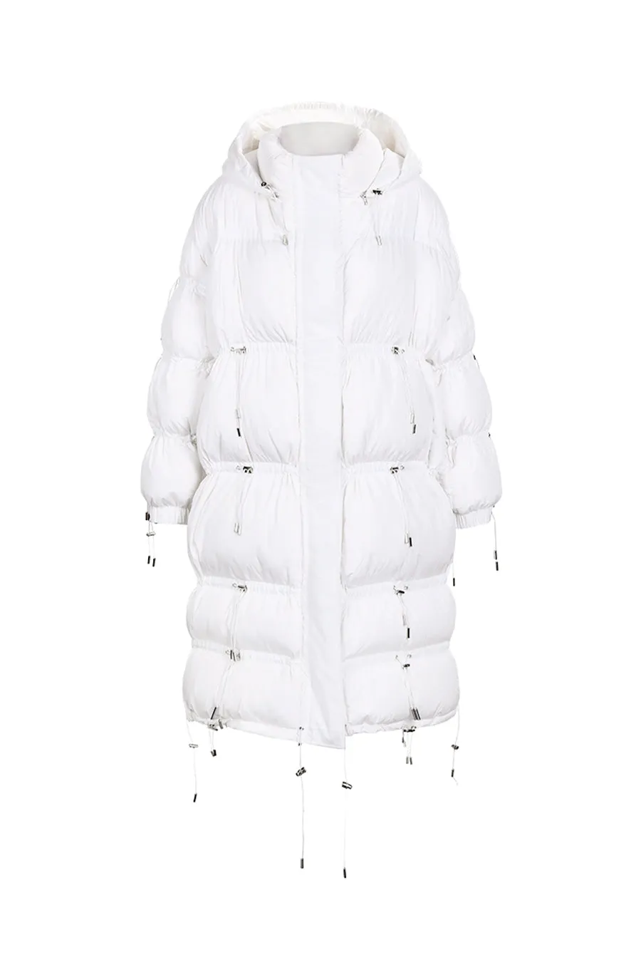 Hooded white duck down over the knee down jacket