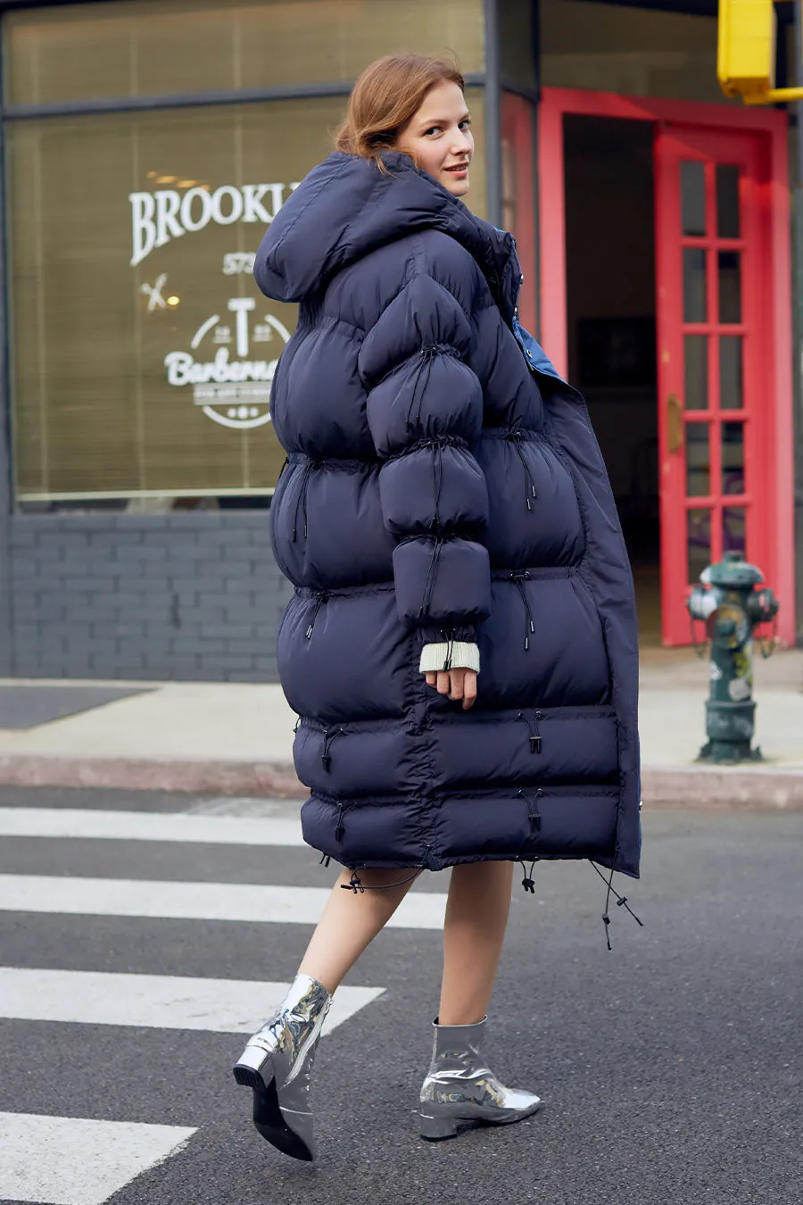 Hooded white duck down over the knee down jacket