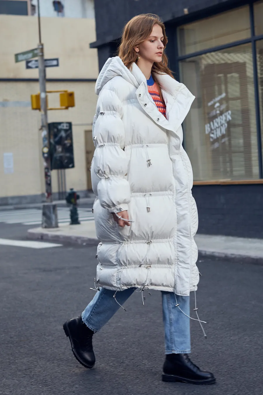 Hooded white duck down over the knee down jacket