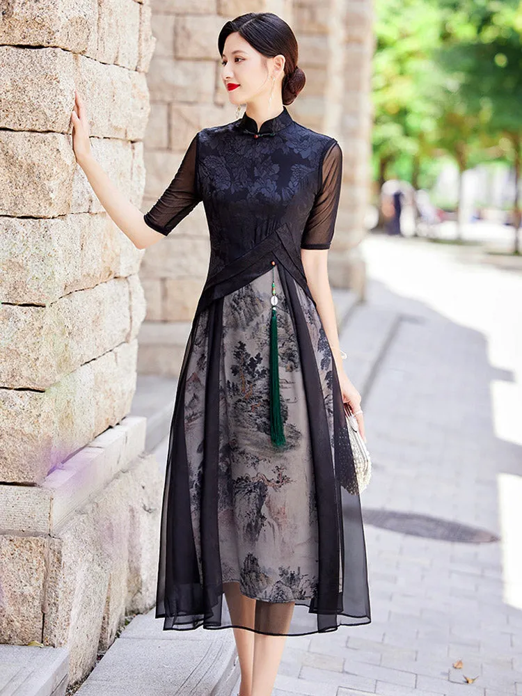 Improved Vintage Black Chinese Landscape Painting Printed Qipao Cheongsam Dress