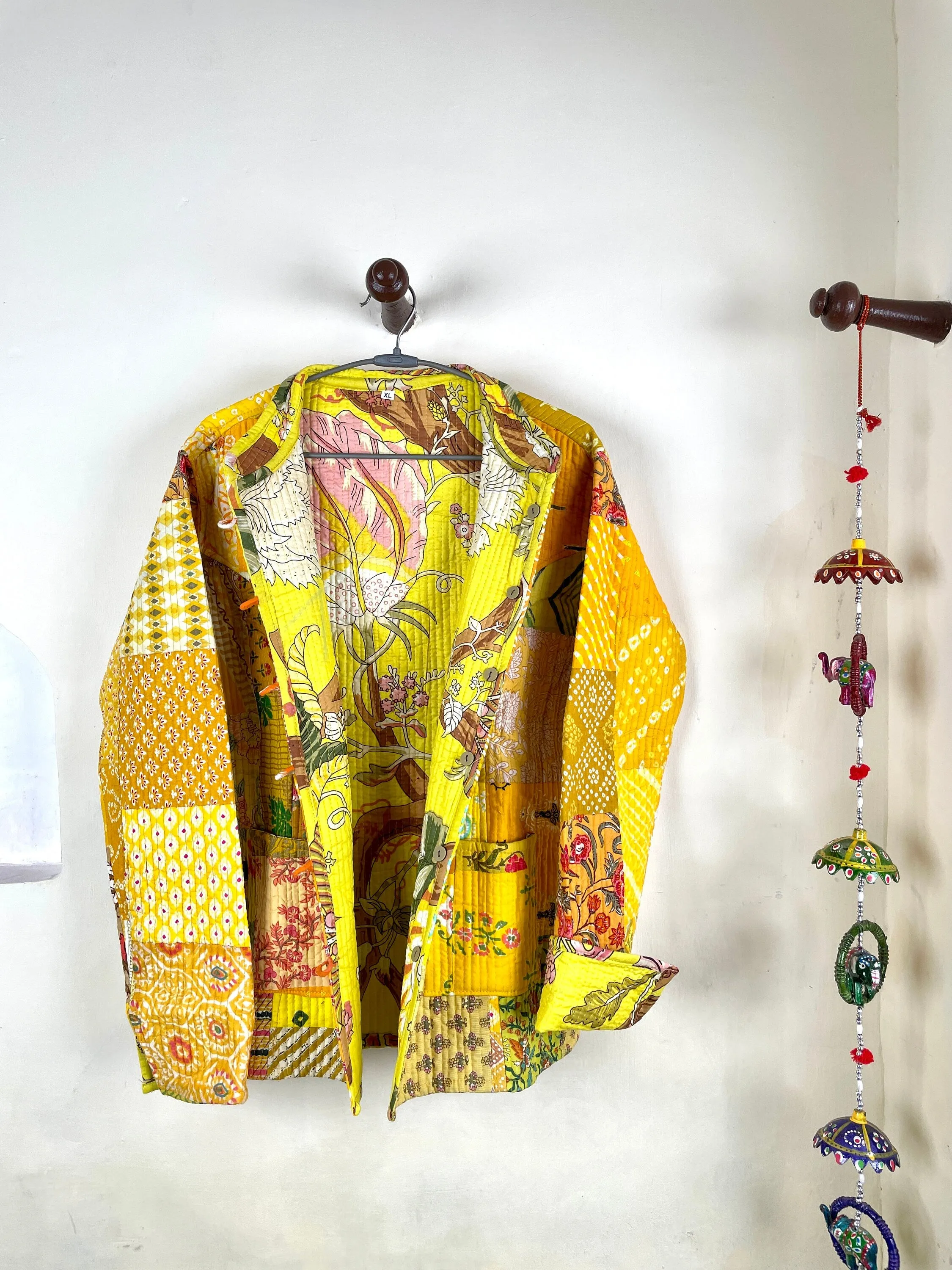 Indian Handmade Quilted Cotton Fabric Jacket Stylish Yellow Women's Coat, Reversible Waistcoat for Her