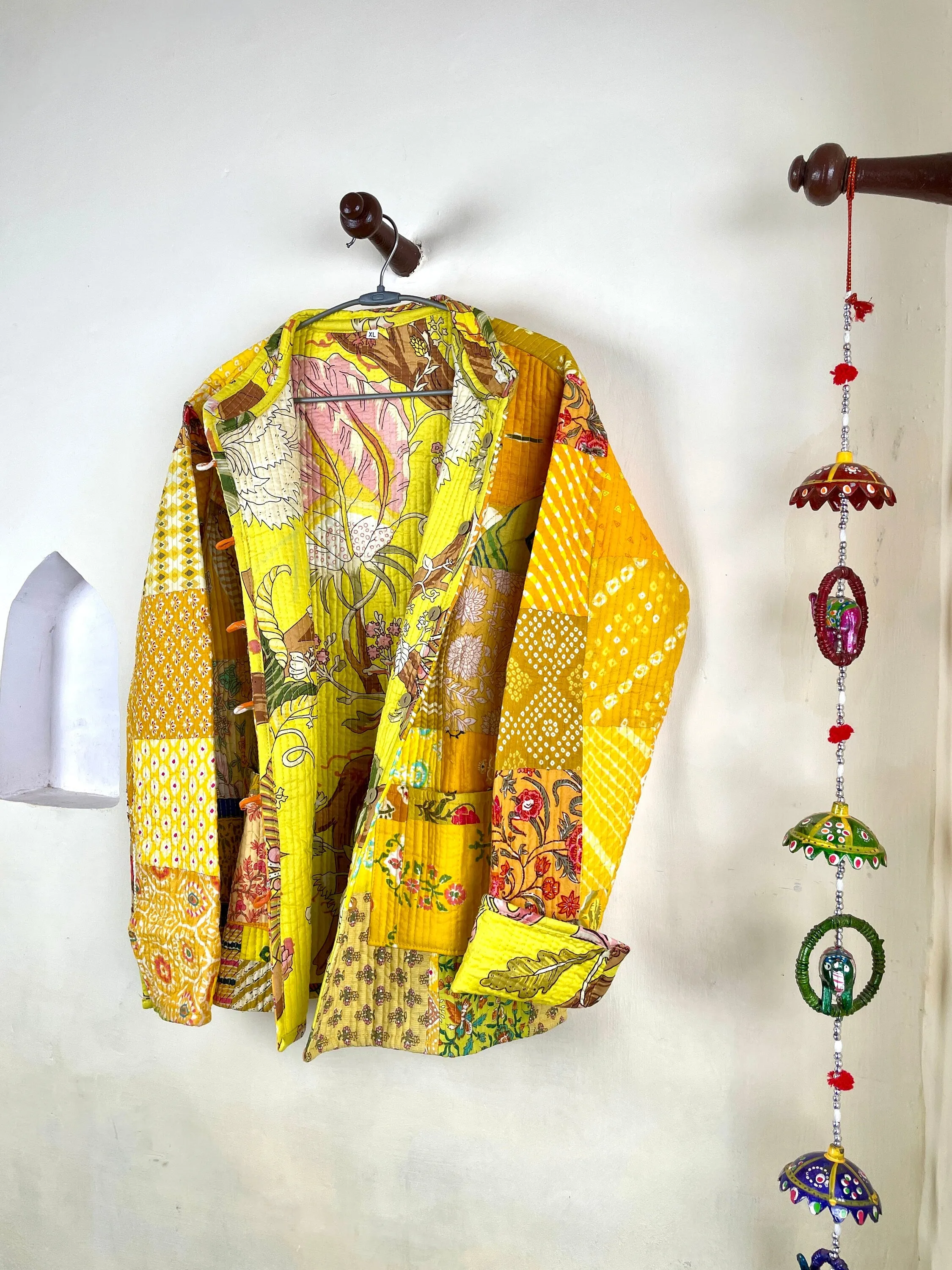 Indian Handmade Quilted Cotton Fabric Jacket Stylish Yellow Women's Coat, Reversible Waistcoat for Her