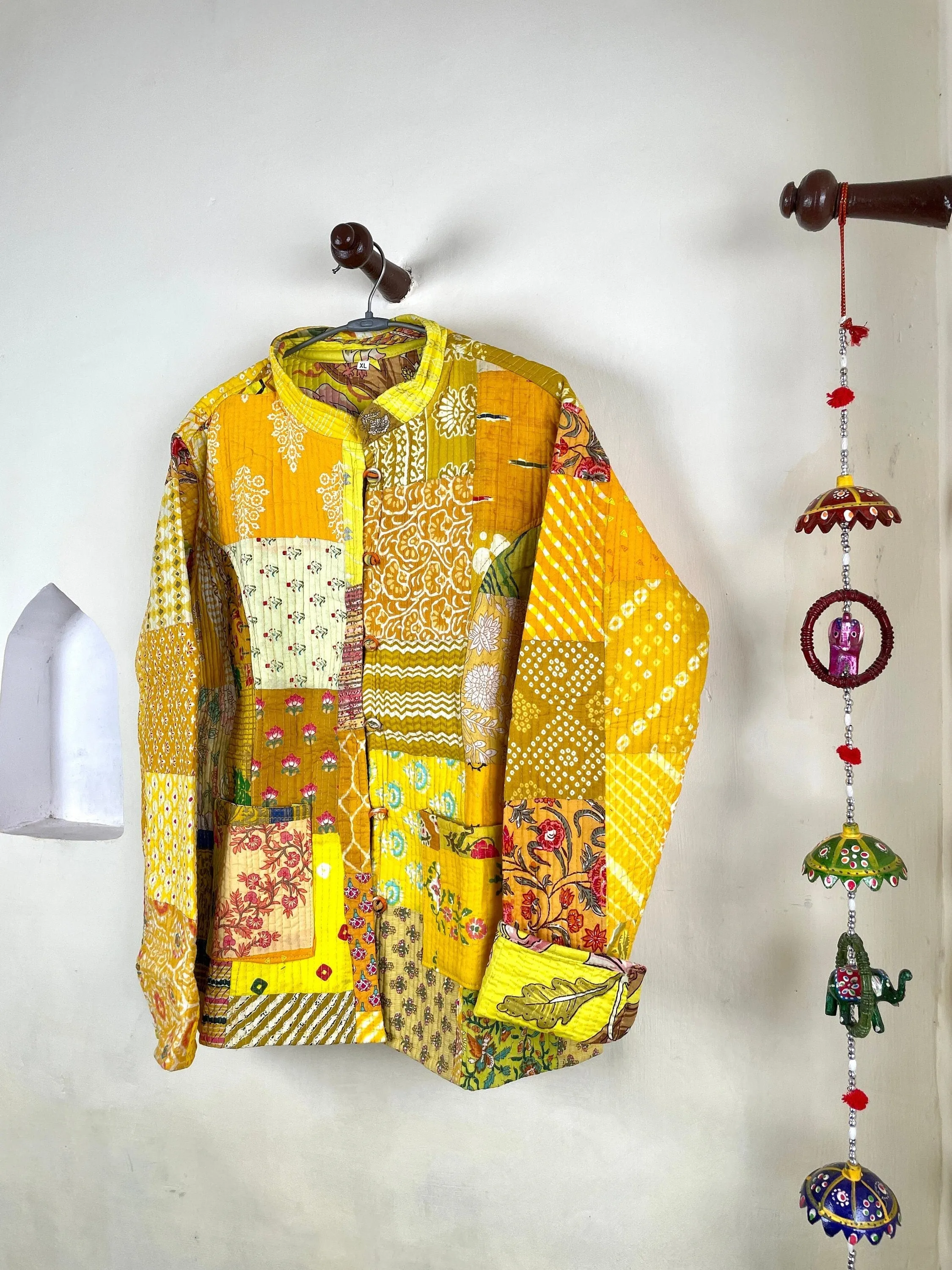 Indian Handmade Quilted Cotton Fabric Jacket Stylish Yellow Women's Coat, Reversible Waistcoat for Her