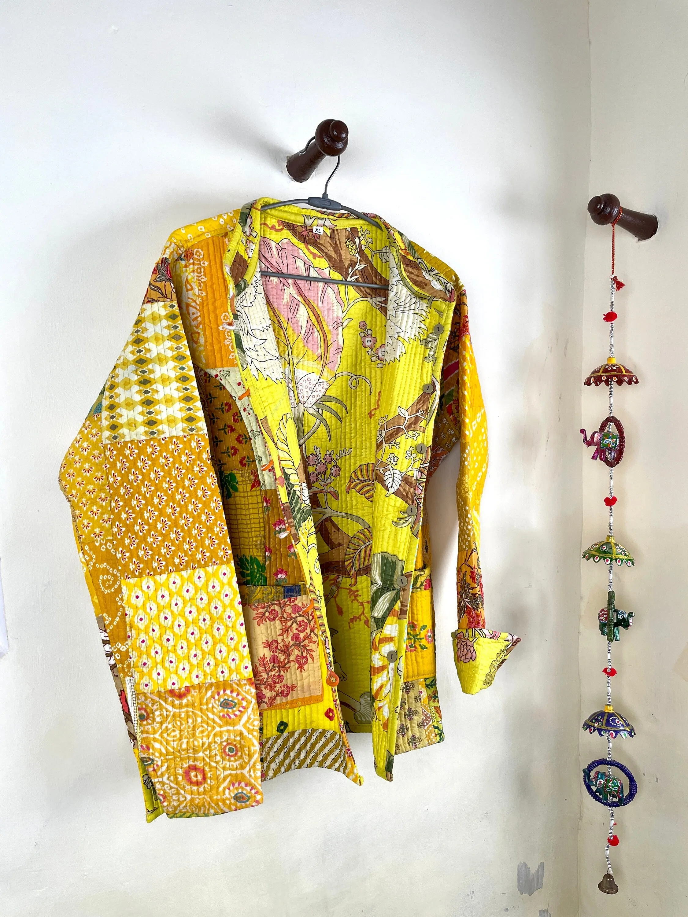 Indian Handmade Quilted Cotton Fabric Jacket Stylish Yellow Women's Coat, Reversible Waistcoat for Her