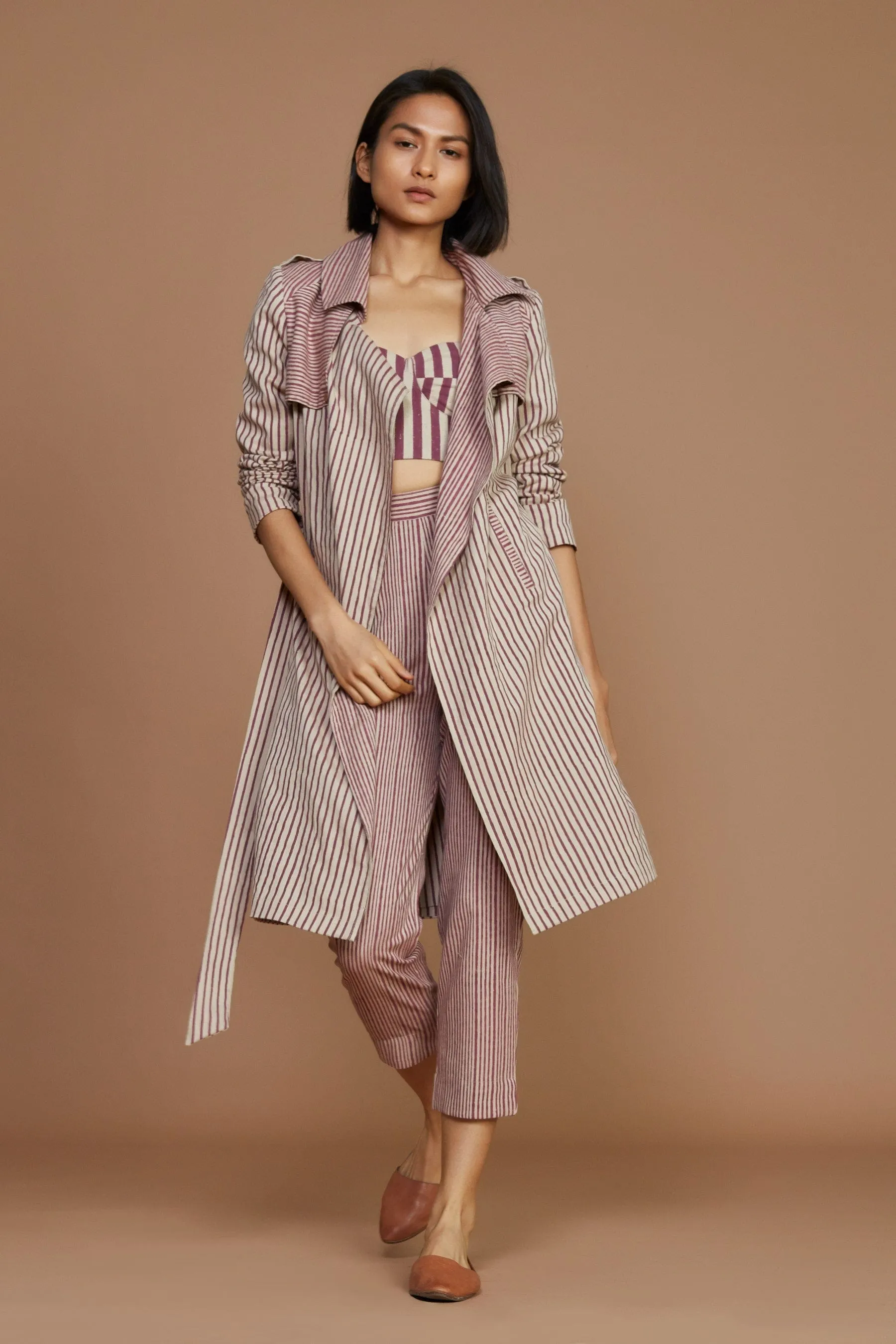 Ivory with Mauve Striped Trench & Corset Co-Ord Set (3 PCS)