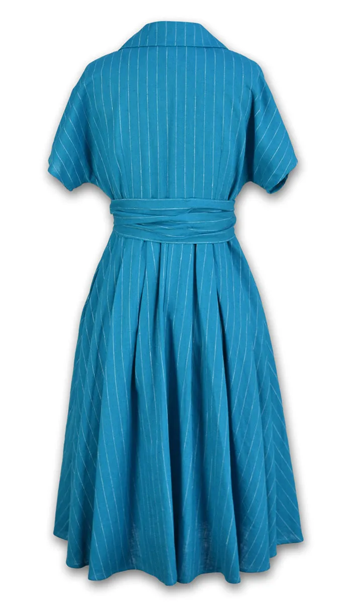 J. Peterman Women's Vintage Short Sleeve Button Front Linen Pinstripe Dress with Notched Collar and Waist Tie