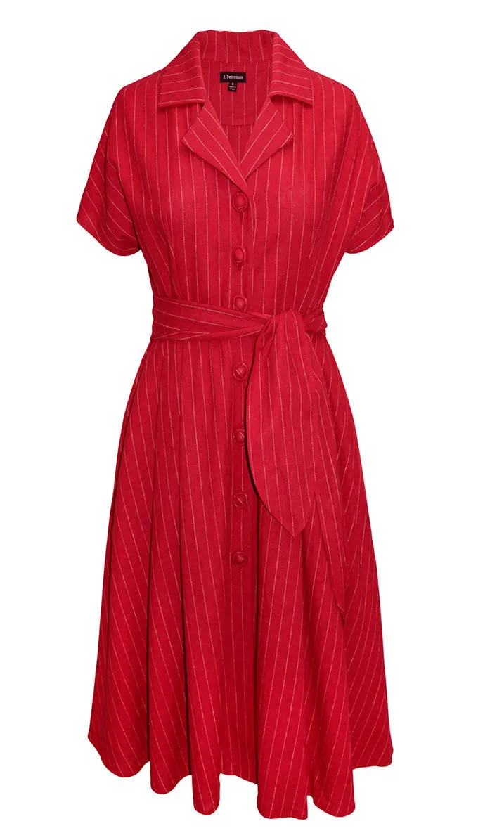 J. Peterman Women's Vintage Short Sleeve Button Front Linen Pinstripe Dress with Notched Collar and Waist Tie