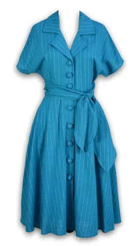 J. Peterman Women's Vintage Short Sleeve Button Front Linen Pinstripe Dress with Notched Collar and Waist Tie