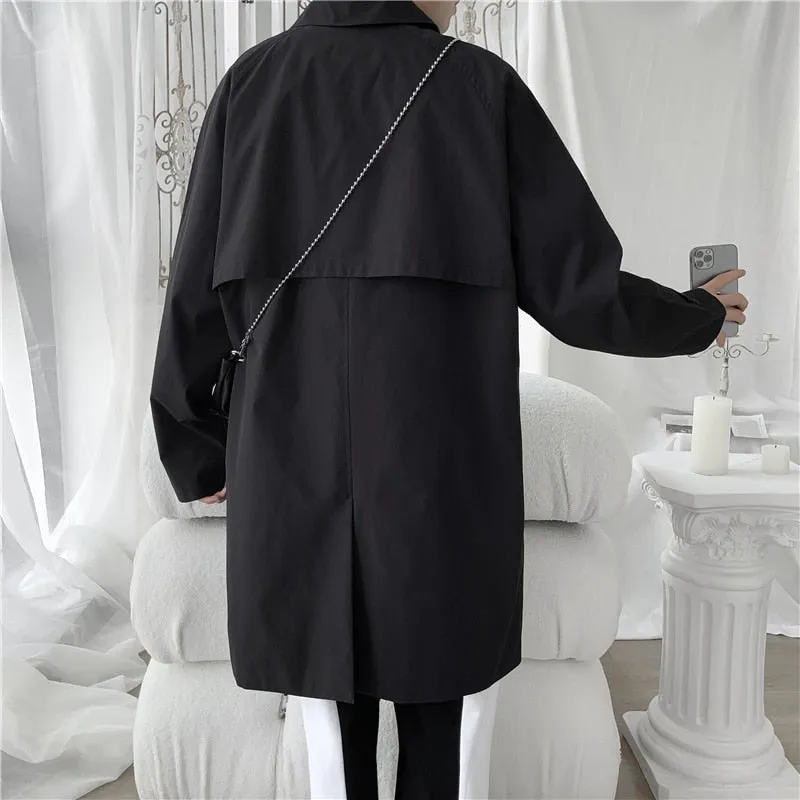 Korean style Cloak Trench Coat Mens Casual Solid Autumn New Fashion Loose Long Overcoat Male High Street Windbreaker Trenchcoat