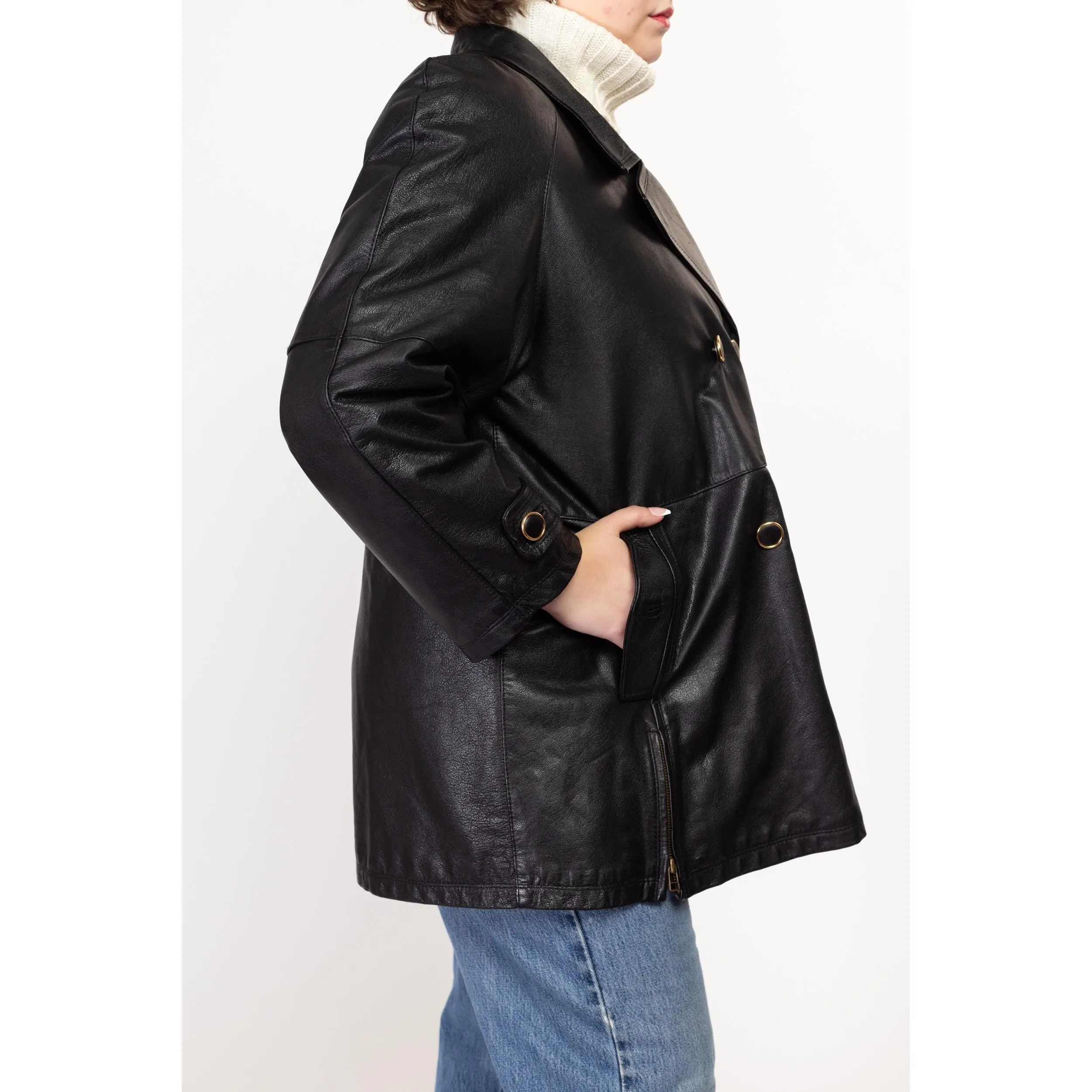 Large 70s Black Leather Double Breasted Jacket