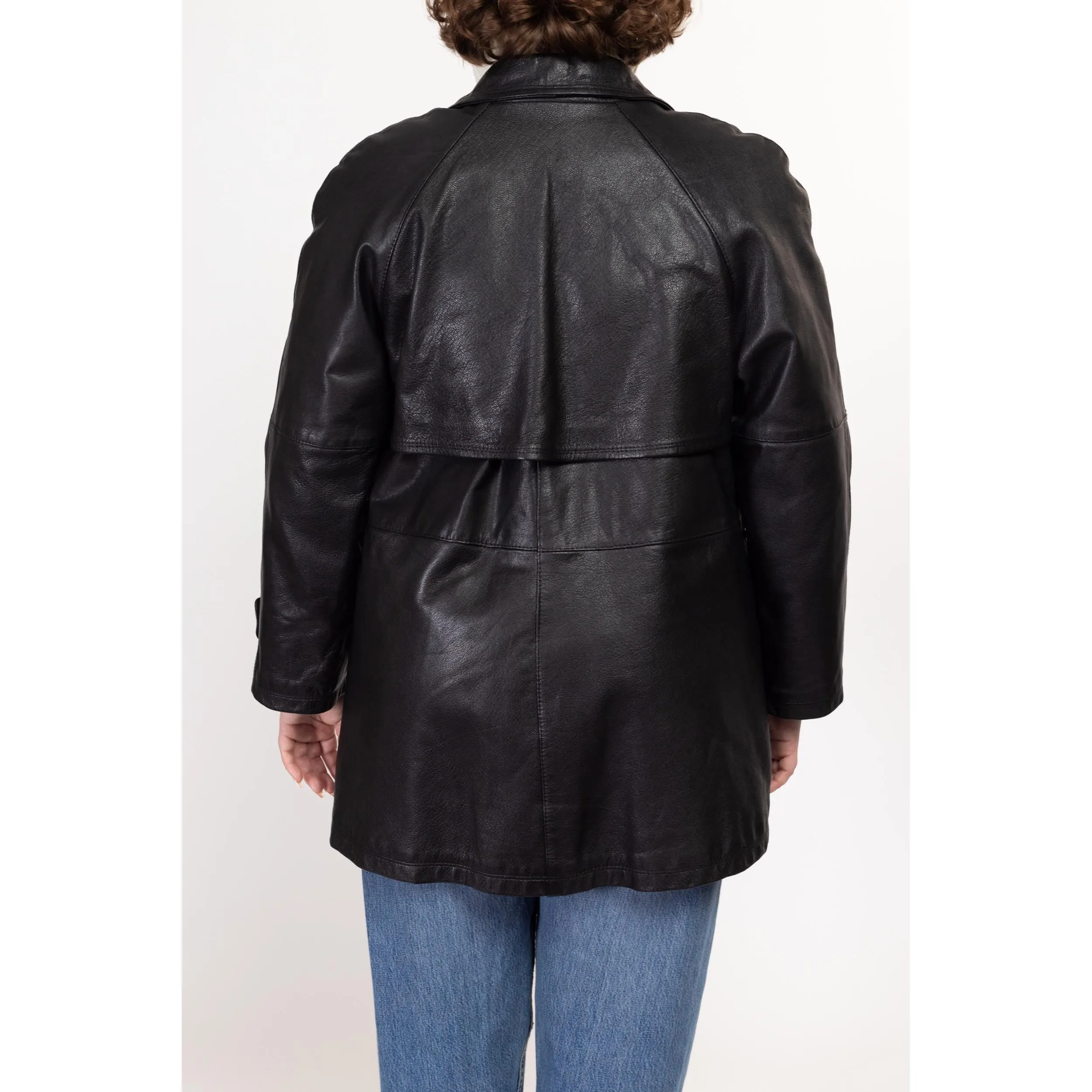 Large 70s Black Leather Double Breasted Jacket