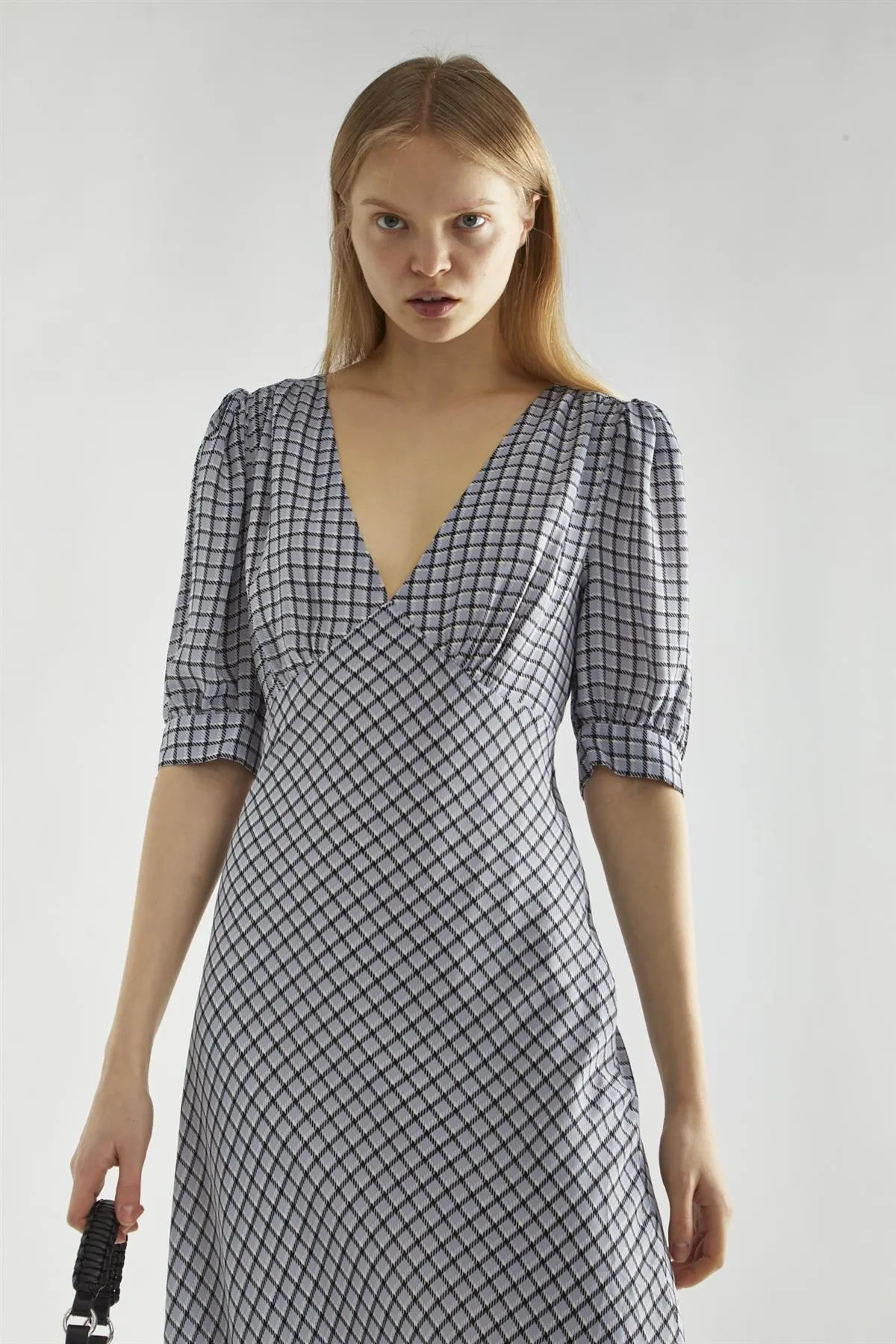 Light-Blue Check V-neck Midi Tea-Dress