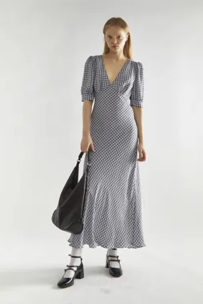 Light-Blue Check V-neck Midi Tea-Dress