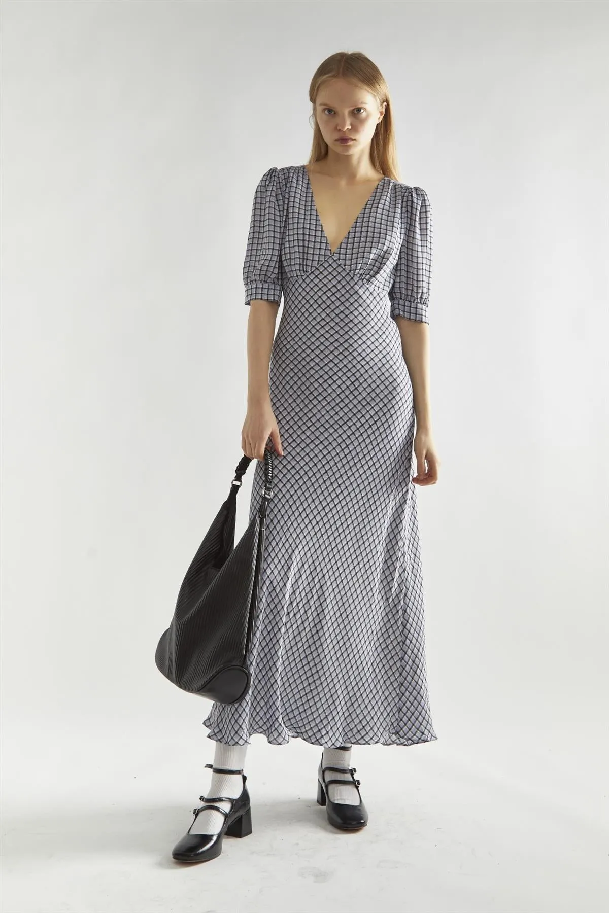 Light-Blue Check V-neck Midi Tea-Dress