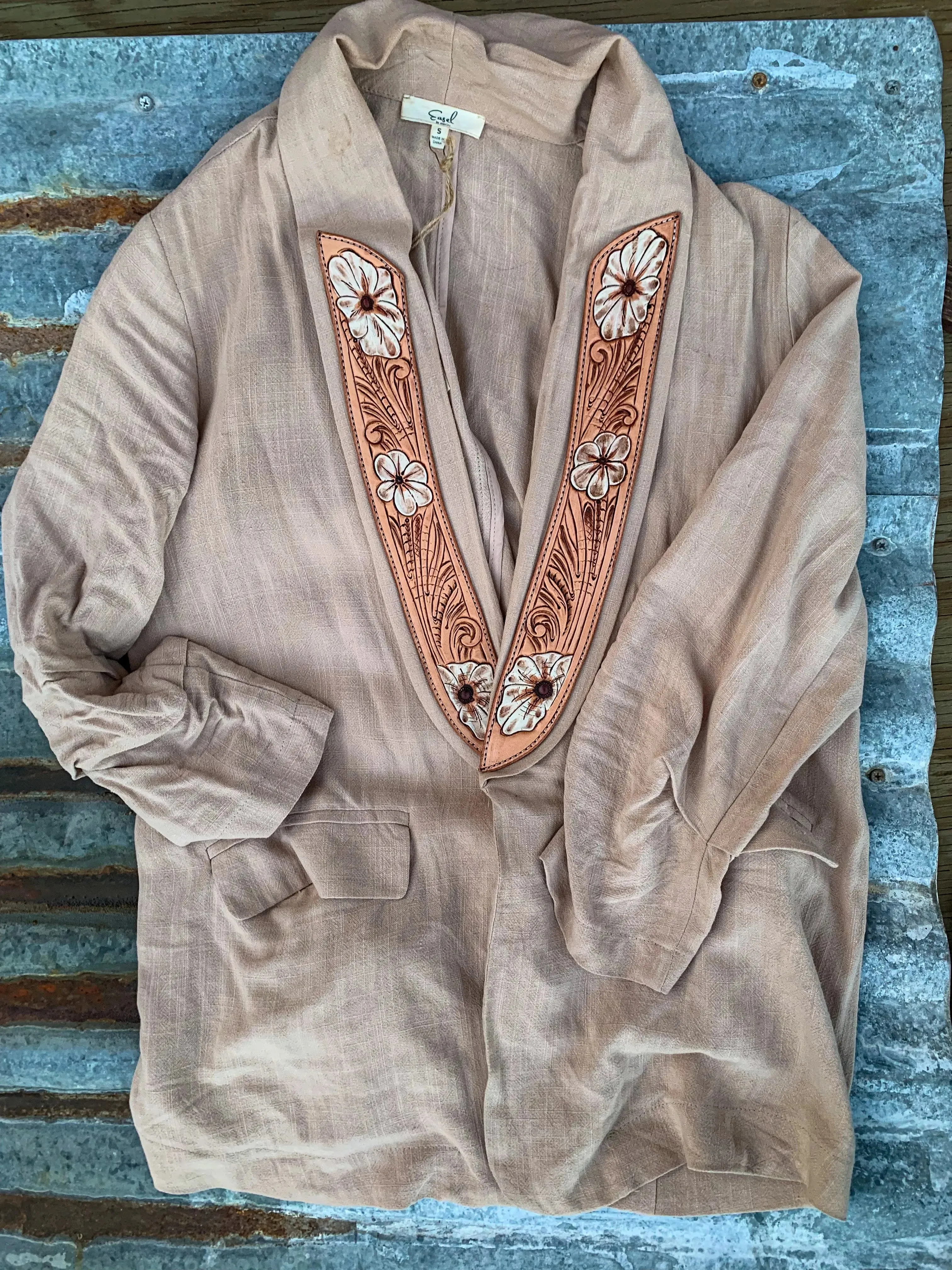 Linen Hand Tooled Leather Blazer in Natural Tan