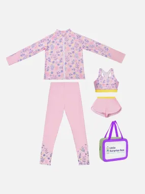 Little Surprise Box,3pcs Pink Flower Power Matching Top, leggings & Jacket style Swimwear set for Pre Teens & Teens(140)