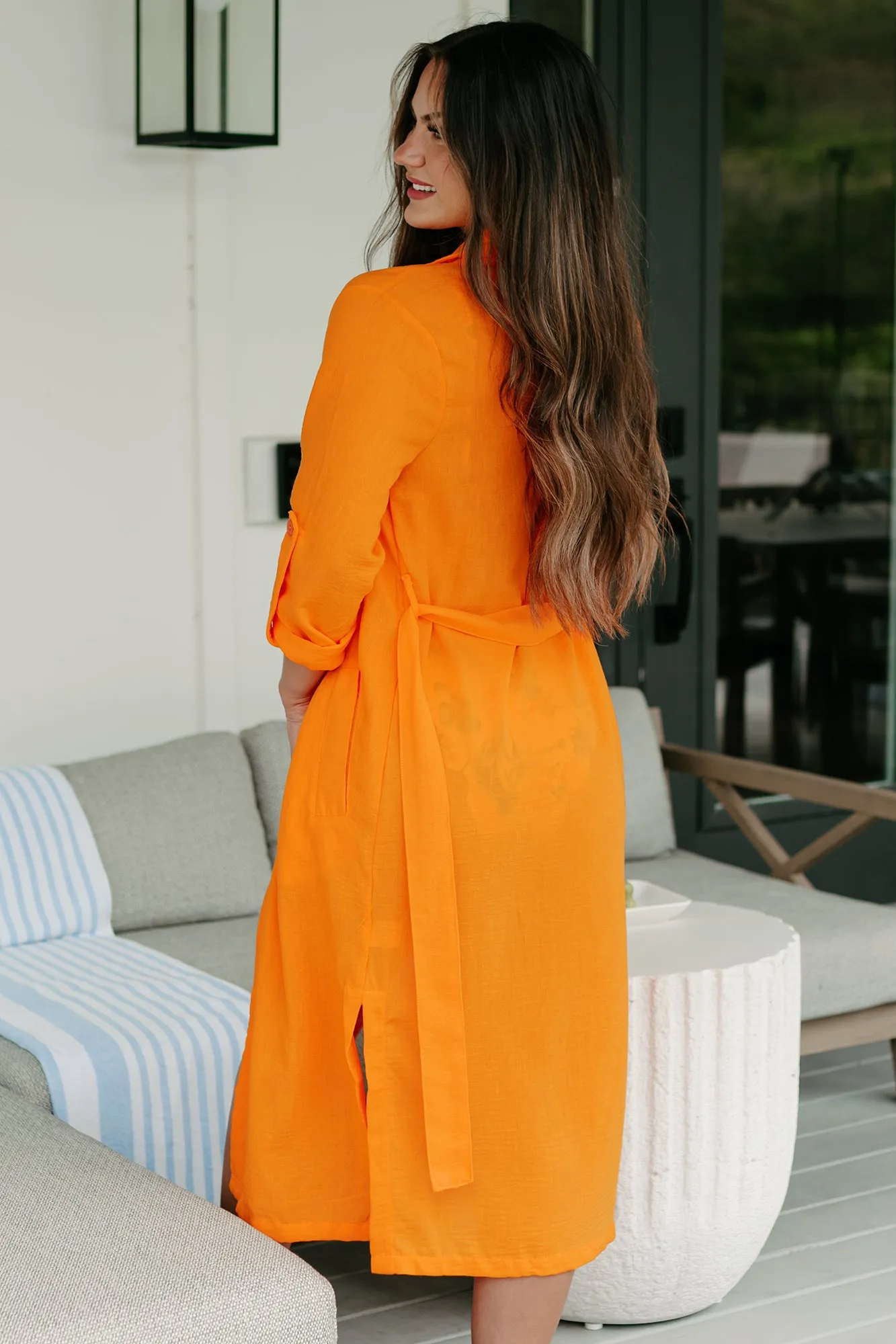 Live Colorfully Tie-Waist Linen Trench Coat (Orange)