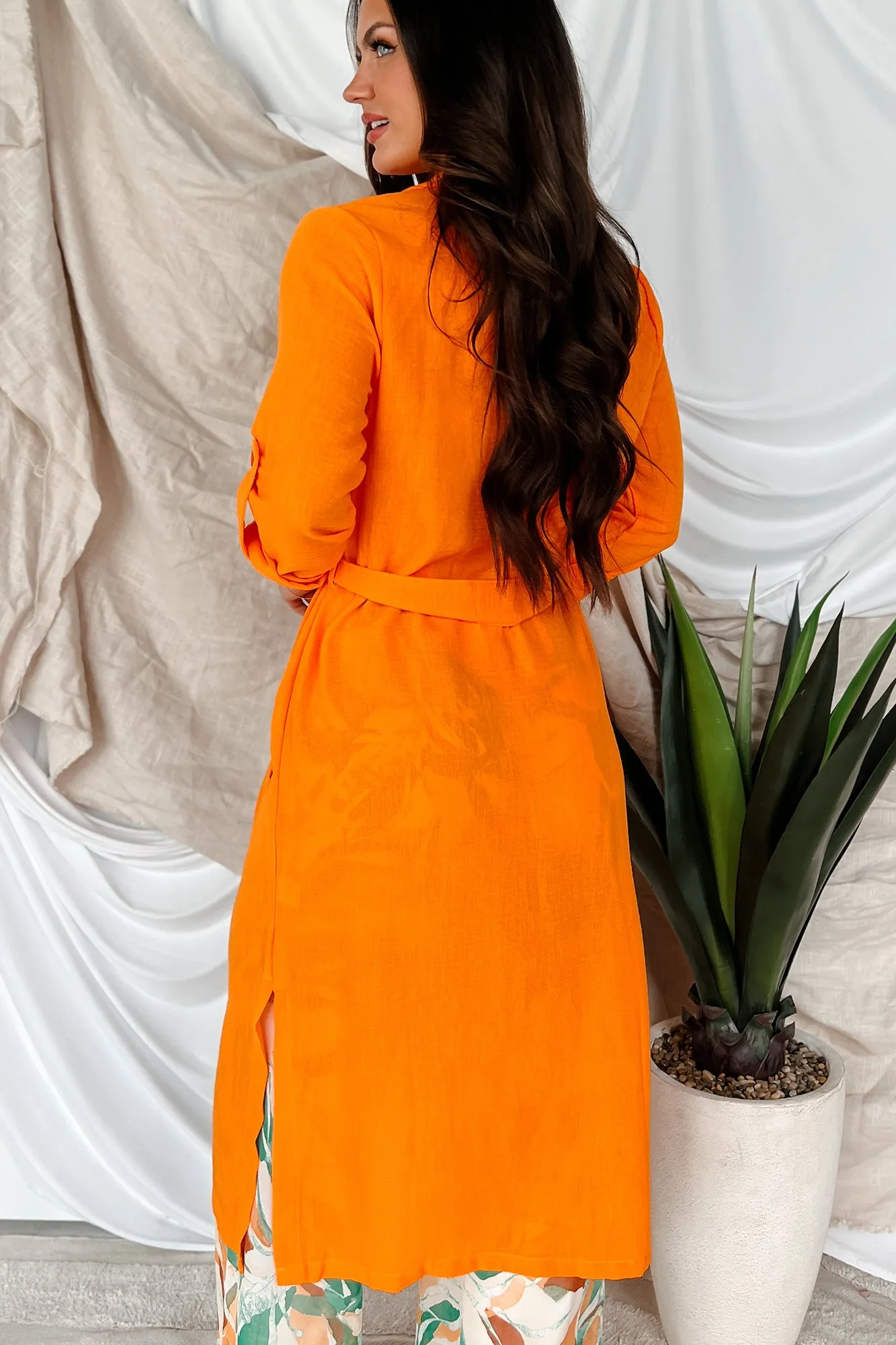 Live Colorfully Tie-Waist Linen Trench Coat (Orange)