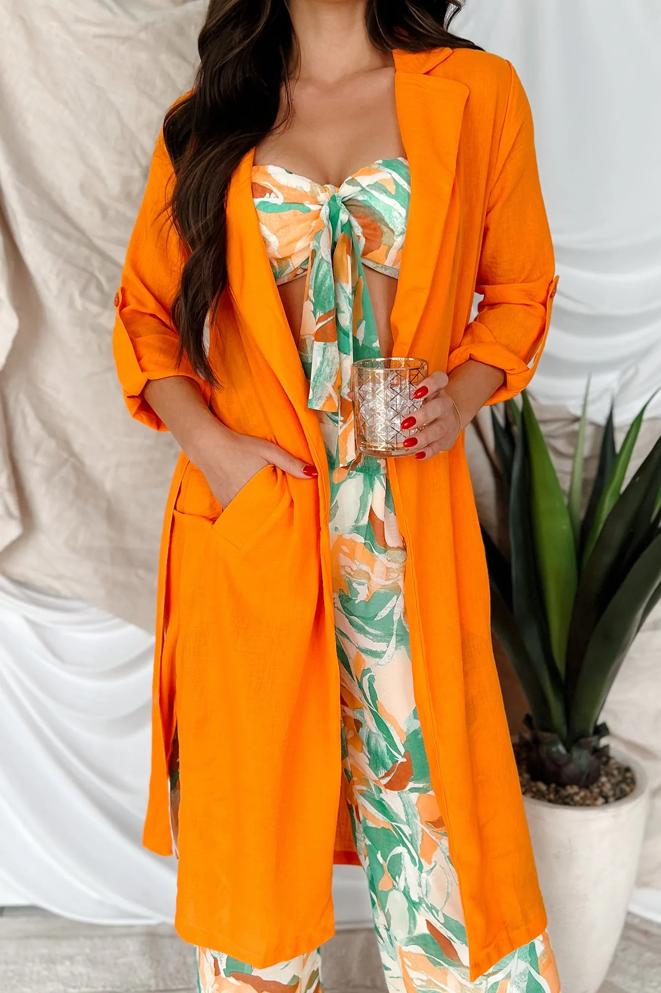 Live Colorfully Tie-Waist Linen Trench Coat (Orange)