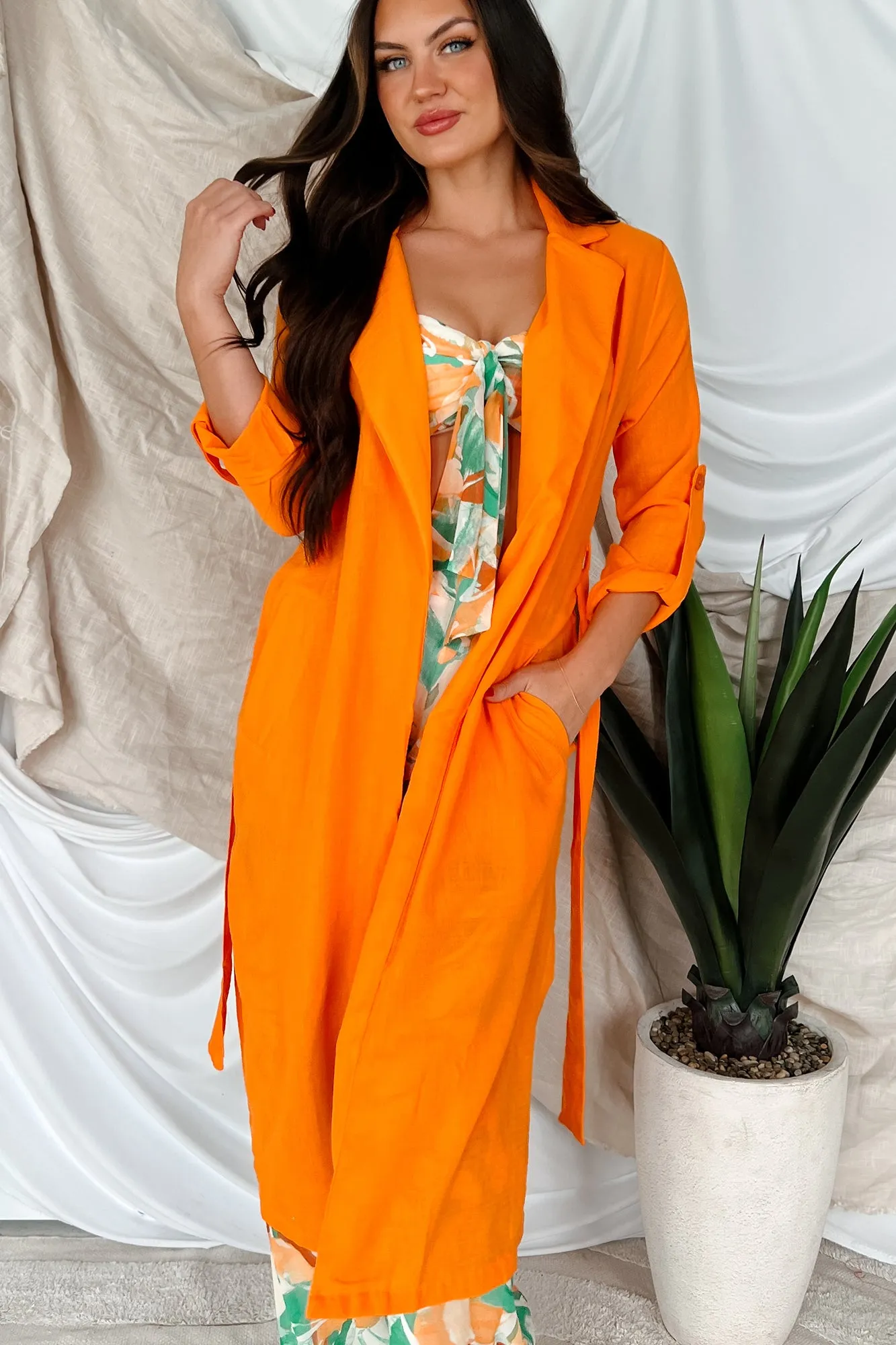 Live Colorfully Tie-Waist Linen Trench Coat (Orange)