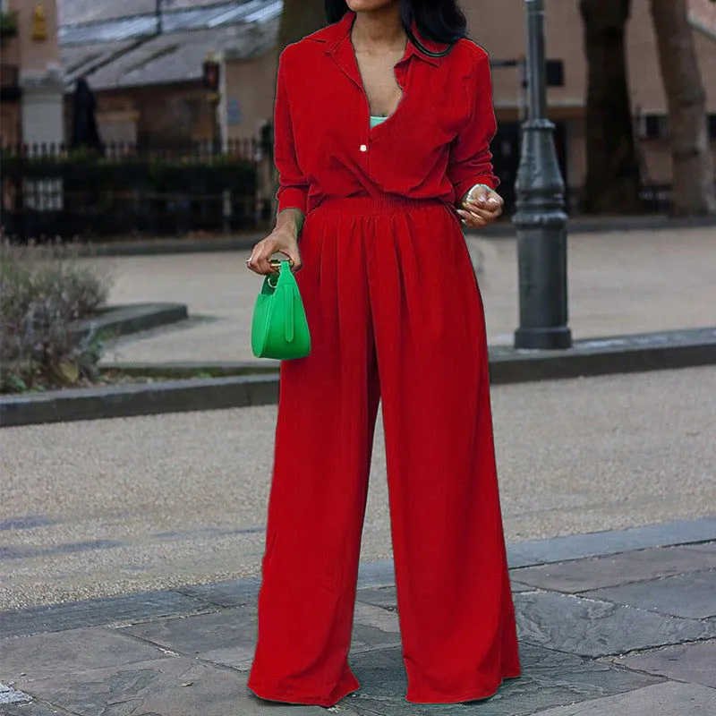 Long-sleeve Button Lapel Cardigan Shirt and Wide Leg Pants