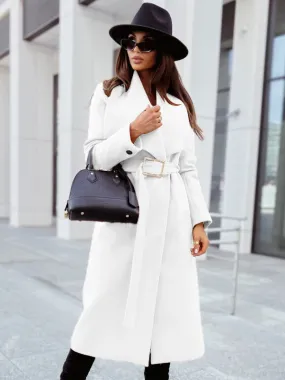 Long-sleeved Buttoned V-neck Strappy Woolen Trench Coats