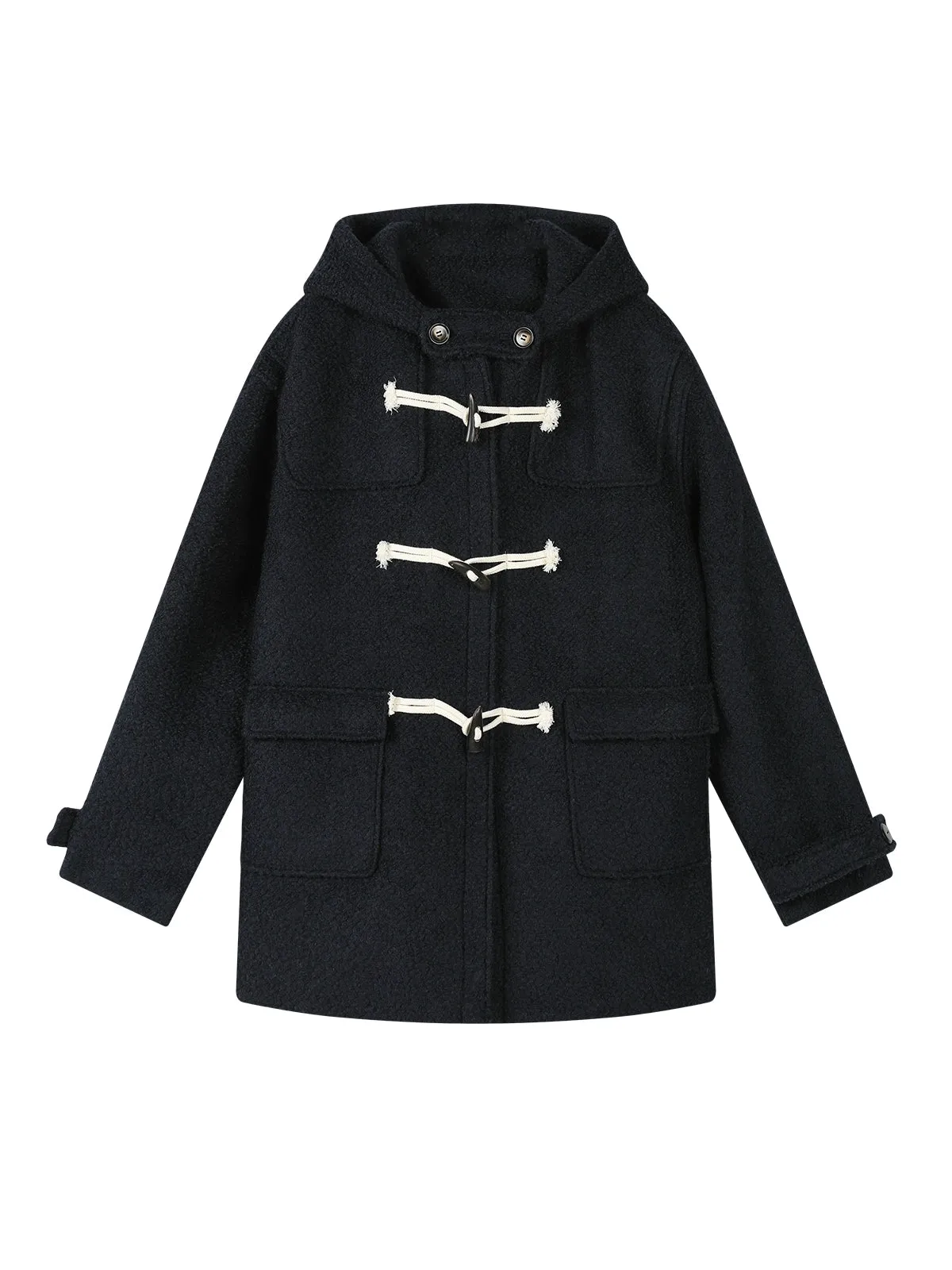 Loose Navy Hooded Woolen Duffle Coat