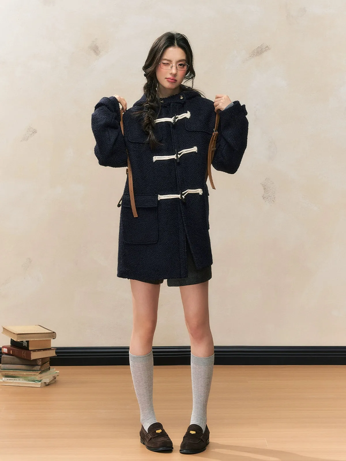 Loose Navy Hooded Woolen Duffle Coat