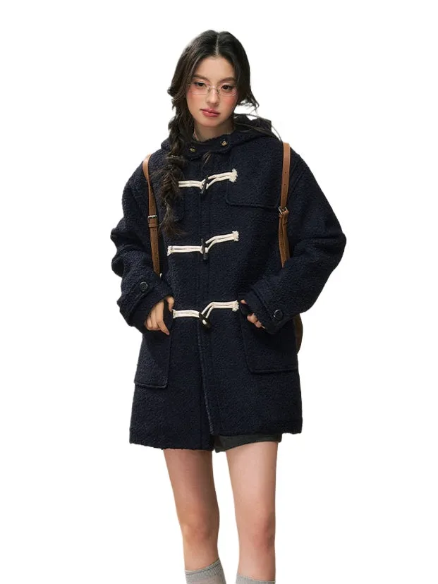 Loose Navy Hooded Woolen Duffle Coat