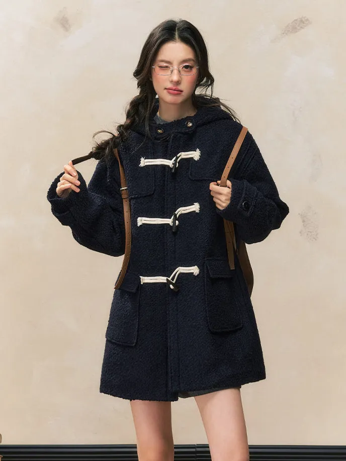 Loose Navy Hooded Woolen Duffle Coat