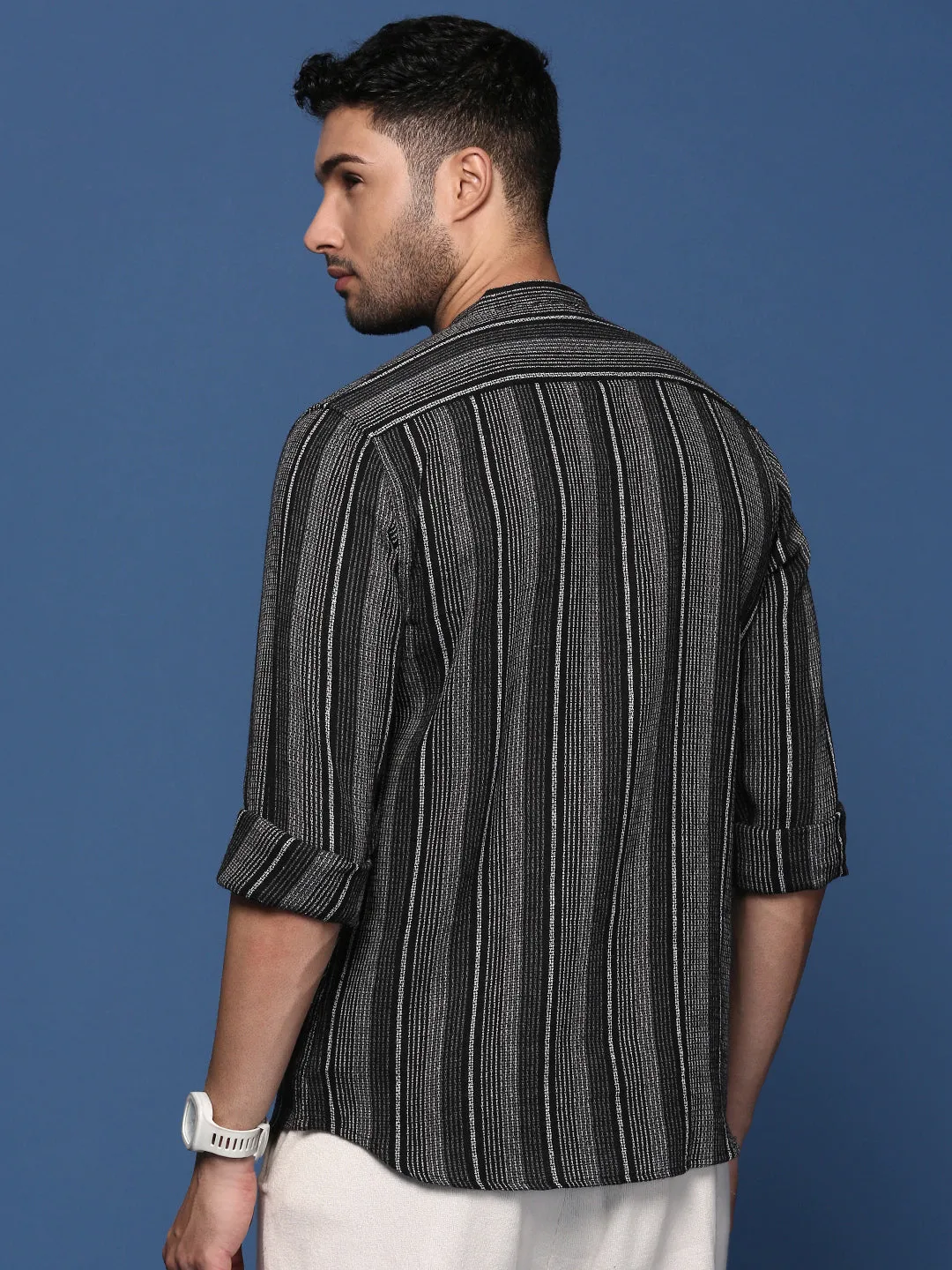 Men Mandarin Collar Striped Black Slim Fit Shirt