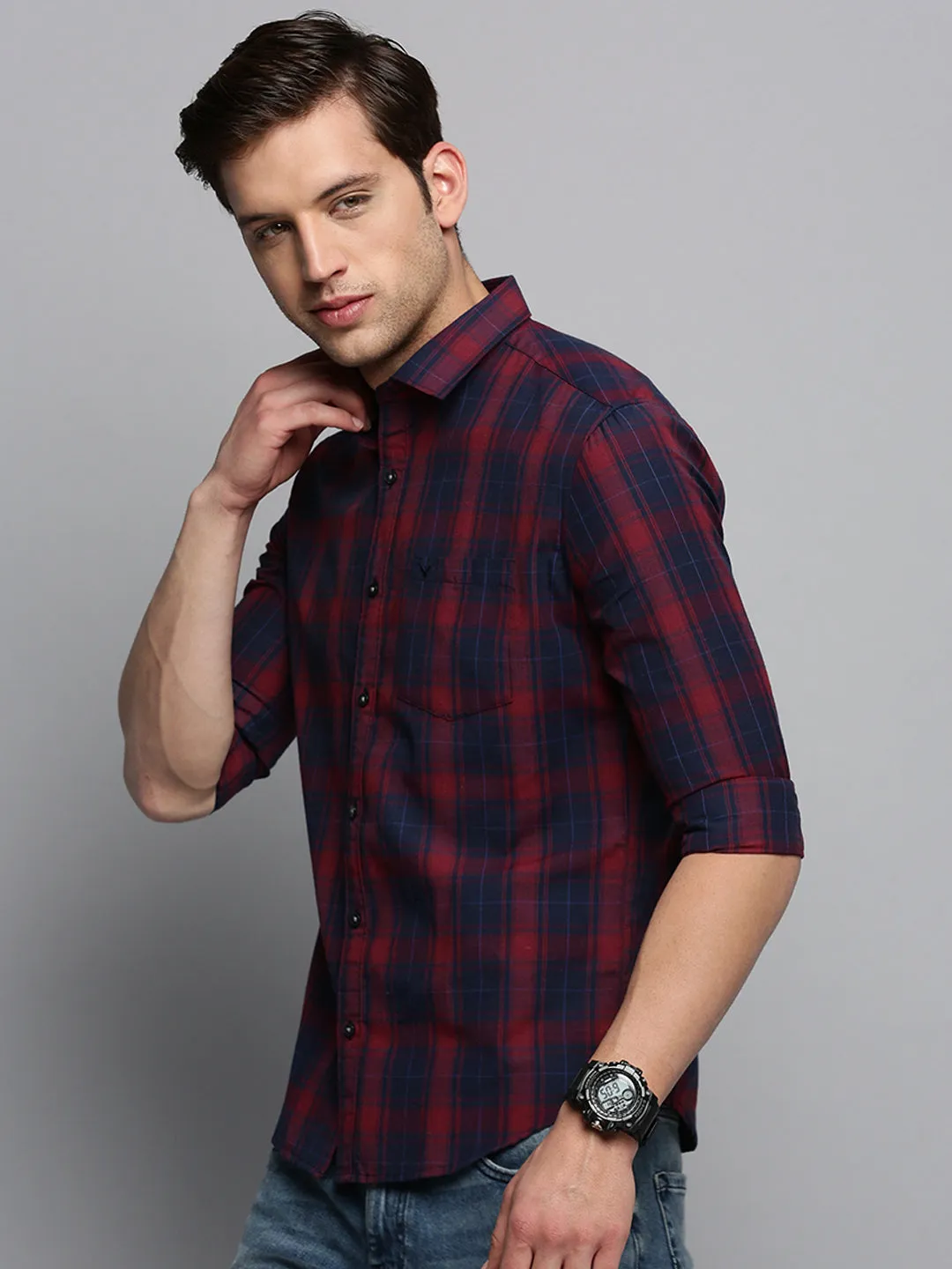 Men Spread Collar Checked Navy Blue Shirt