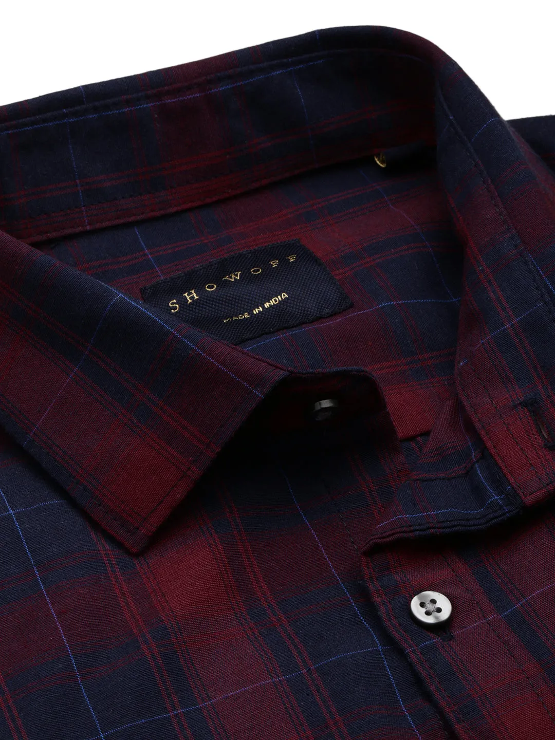 Men Spread Collar Checked Navy Blue Shirt