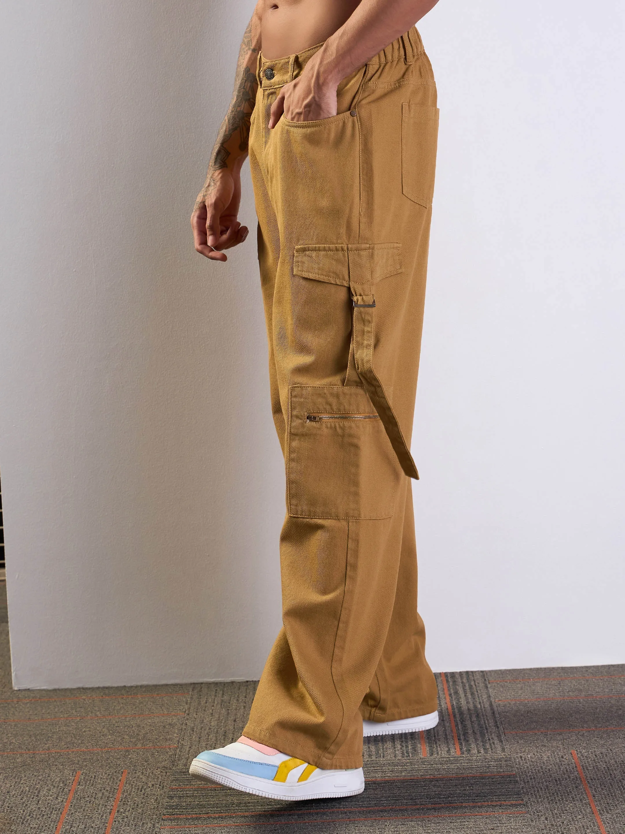 Men Tan Brown Side Pocket Baggy Cargo Jeans