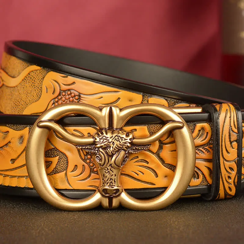 Men's Double Ring Bull Automatic Buckle Leather Belt