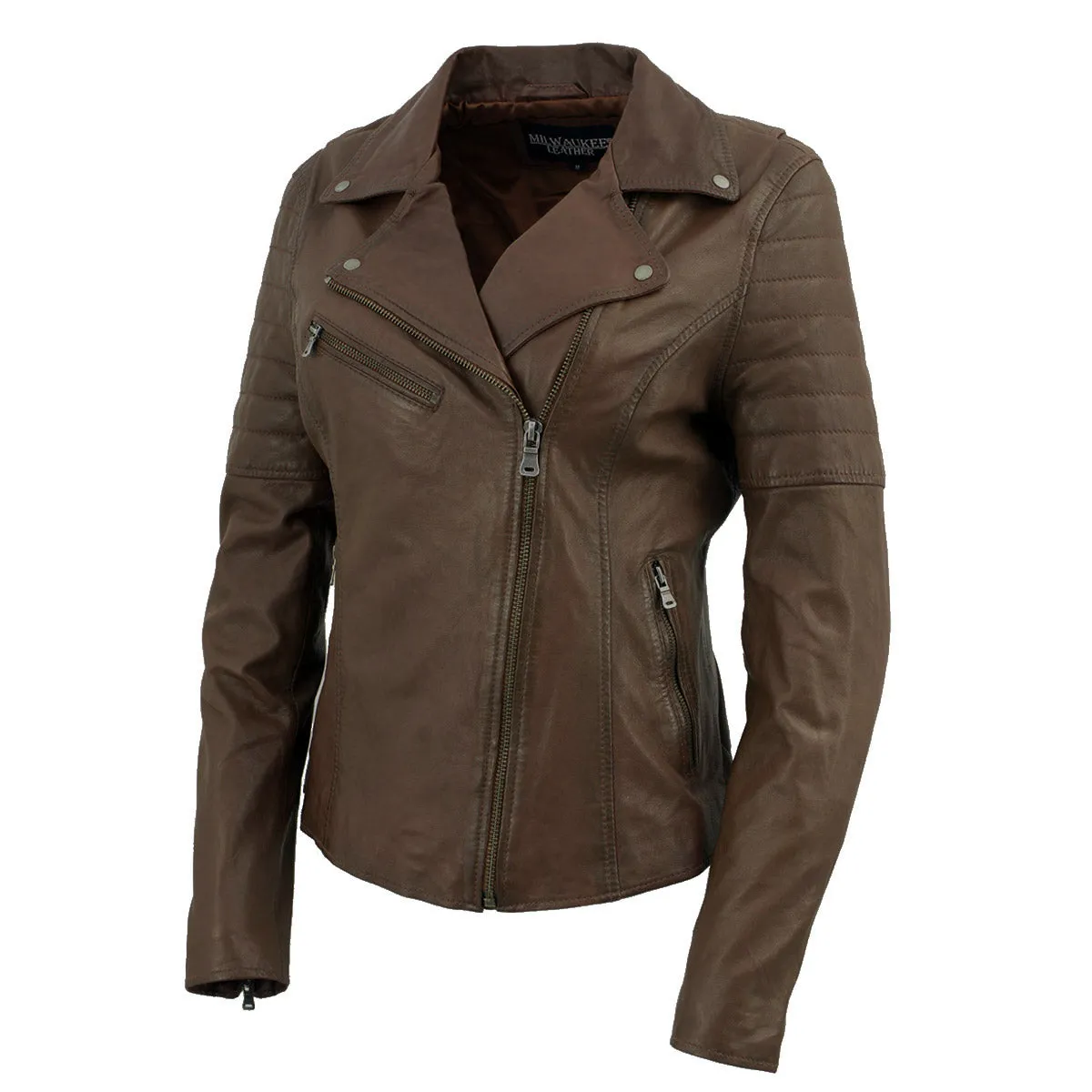 Milwaukee Leather SFL2812 Brown Vintage Motorcycle Inspired Leather Jacket for Women - Veg-Tan Fashion Jacket