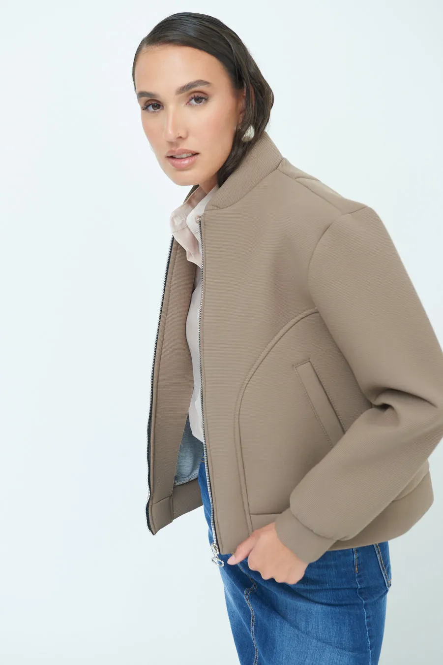 Minimalist zip-up bomber jacket wholesale