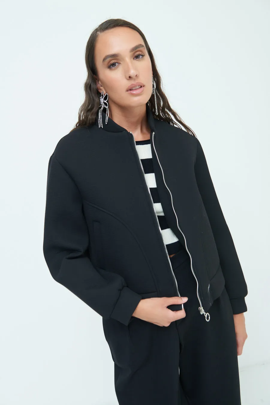 Minimalist zip-up bomber jacket wholesale