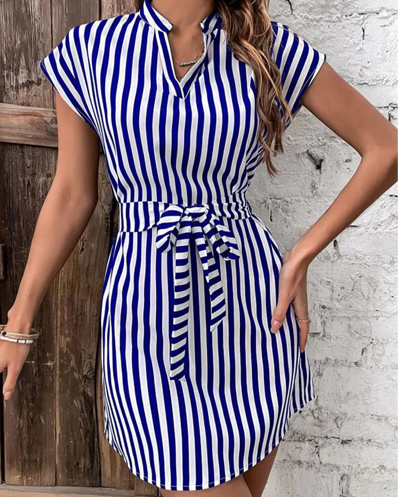 Mock Neck Sleeveless Striped Lace-up Dress