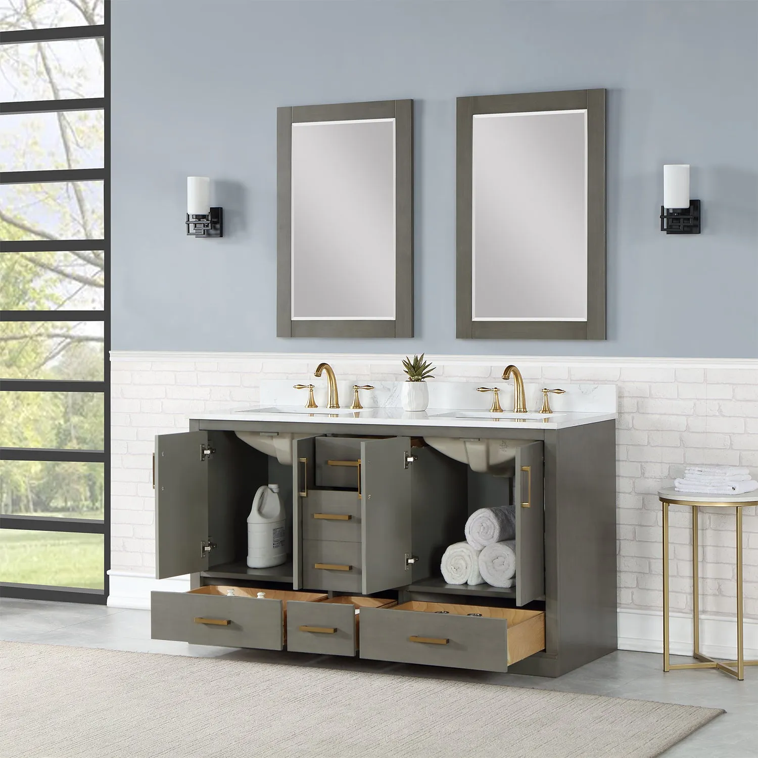 Monna 60" Double Bathroom Vanity Set with Aosta White Composite Stone Countertop