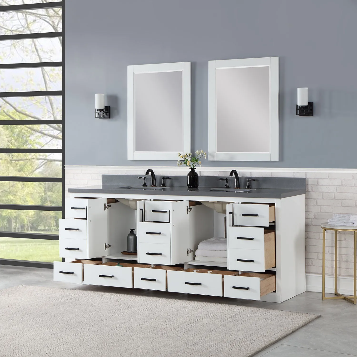 Monna 84" Double Bathroom Vanity Set with Aosta White Composite Stone Countertop