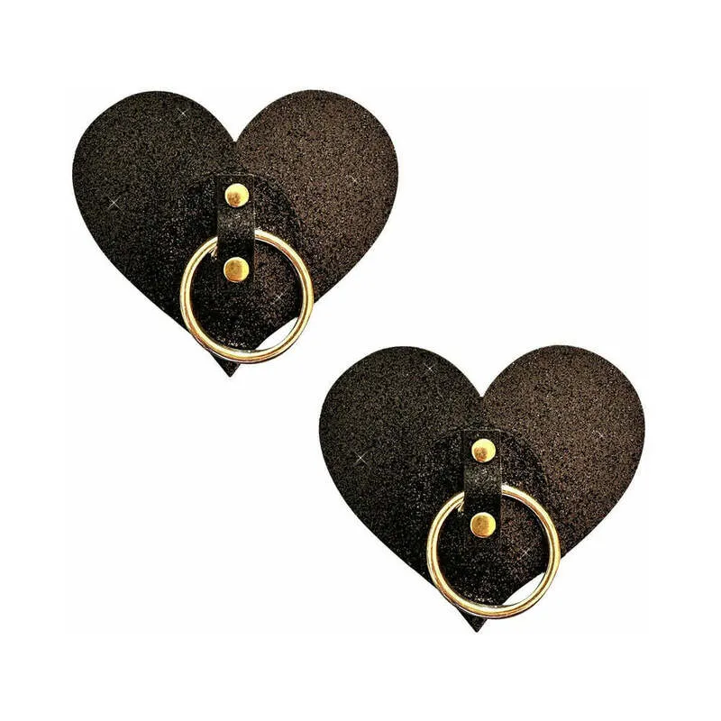 Neva Nude After Midnight Black Glitter Gold Hoop I Heart U Nipple Cover Pasties