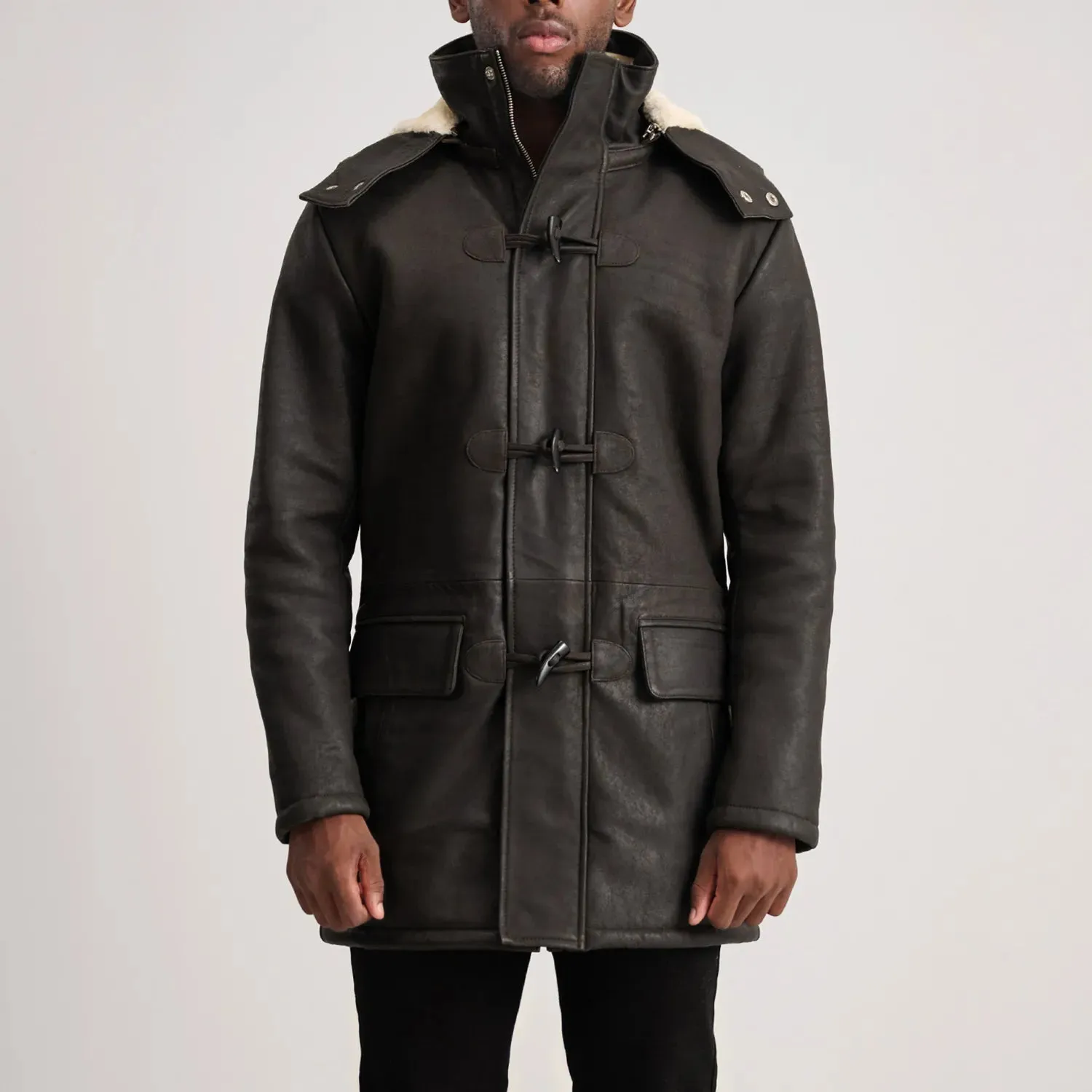 Nolan Tumbled Brown Leather Duffle Coat