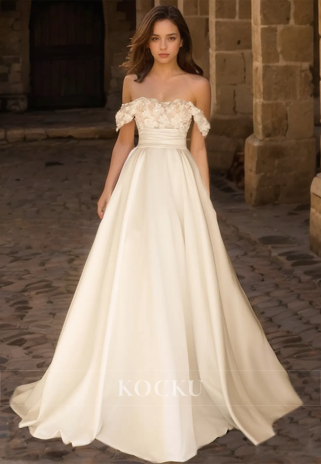 Off-Shoulder Sleeveless A-Line Sweep Train Pleated Satin Bridal Dress with Floral Wedding Dress