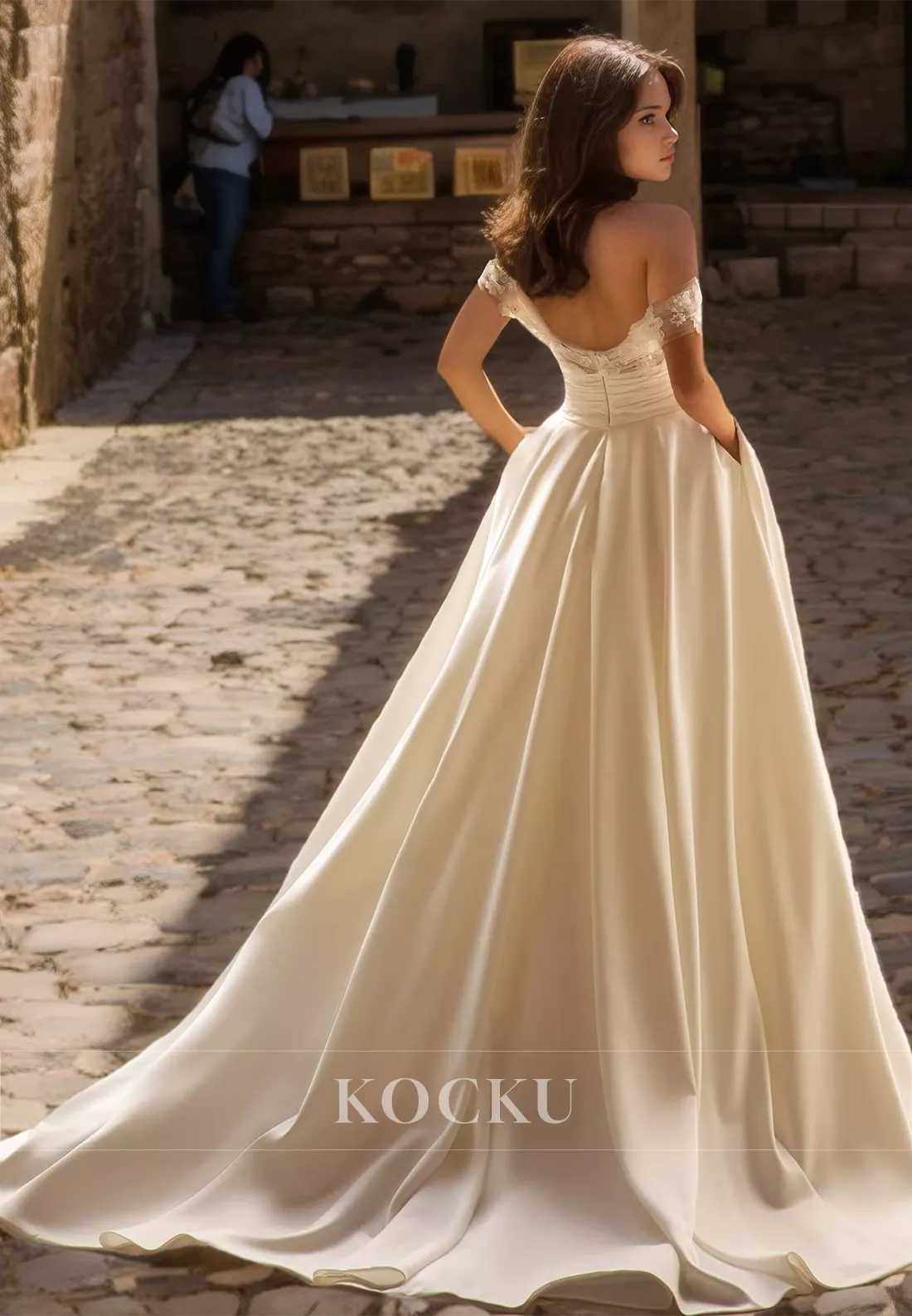 Off-Shoulder Sleeveless A-Line Sweep Train Pleated Satin Bridal Dress with Floral Wedding Dress