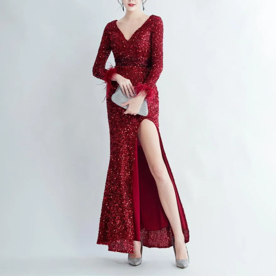 Olivia Lace Long Sleeve V-Neck Sequined Maxi Dress